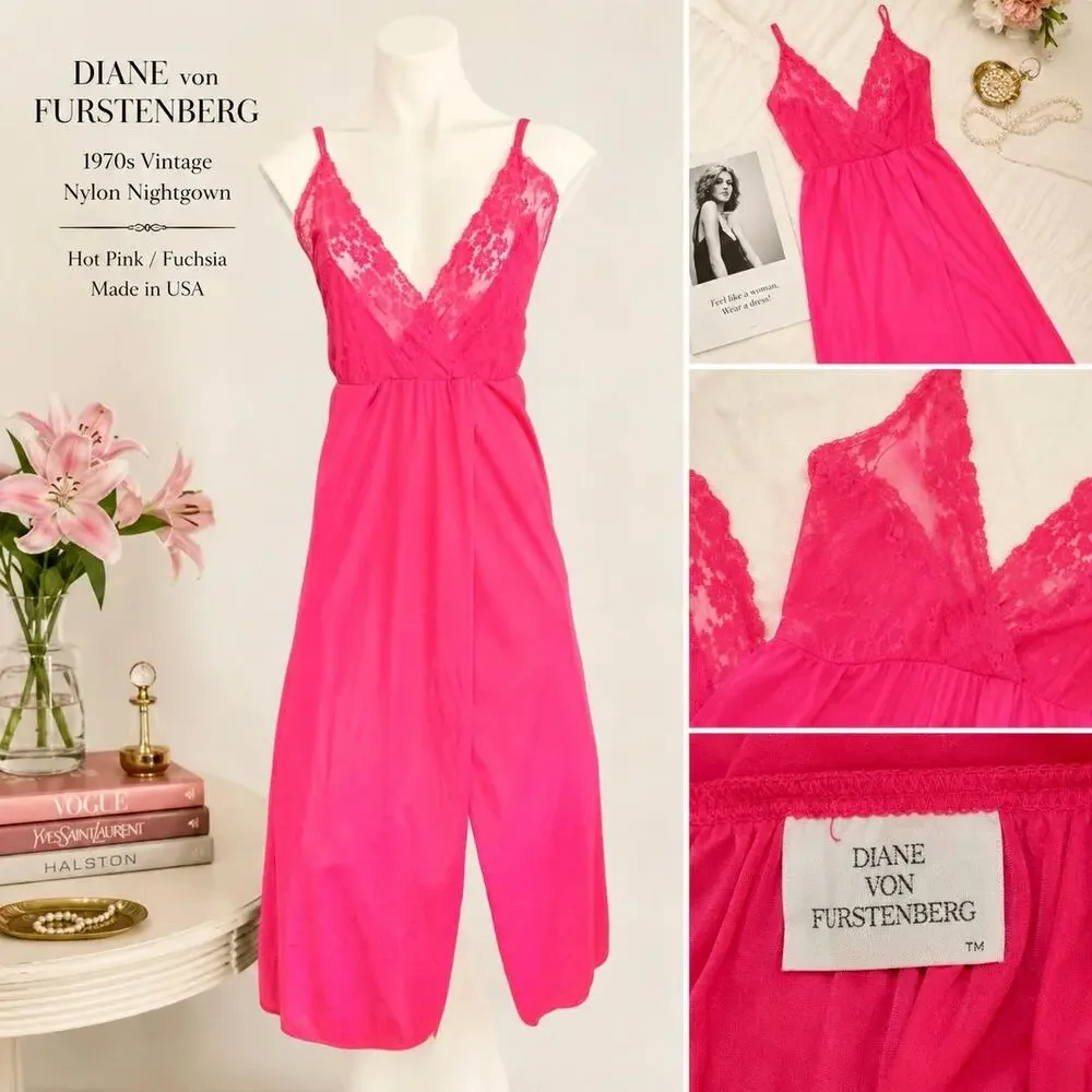 Diane Von Furstenberg 1970s Vintage Hot Pink Fuchsia Nylon Nightgown DVF BE-7